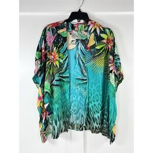 Chico's Exotic Tropical Leopard Print Kimono Cardigan Swim Cover Beach Women's S